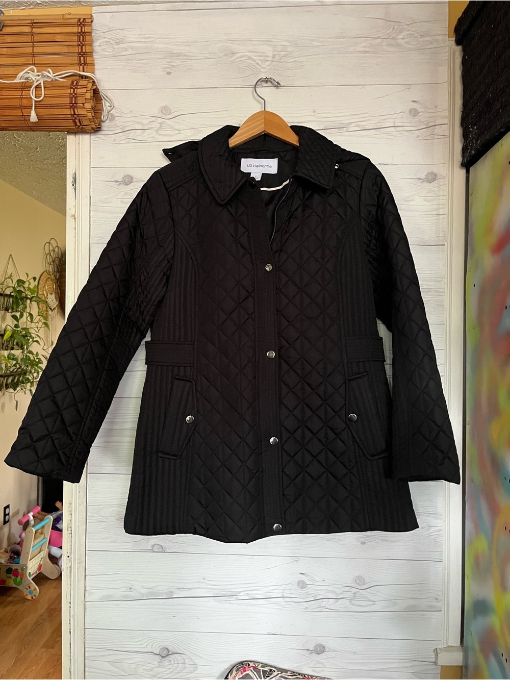 Liz Claiborne Quilted Jacket Diamond Quilt Zip Snap Pockets Hood Black Large